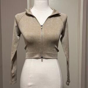 Mono B Women's Cropped Ribbed Zip-UP Jacket Taupe Size SM